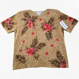 Y2K Alfred Dunner Beige Floral Tropical Embroidered Ramie Knit Top Size XL